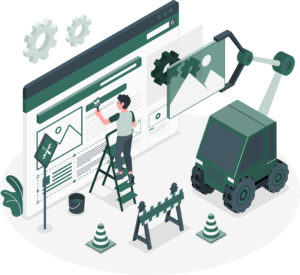 Isometric illustration of a man on a ladder painting a website interface next to a green construction vehicle.